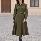 Eliana – Rochie Cămașă Midi cu Curea, Guler Clasic și Buzunare pe Piept