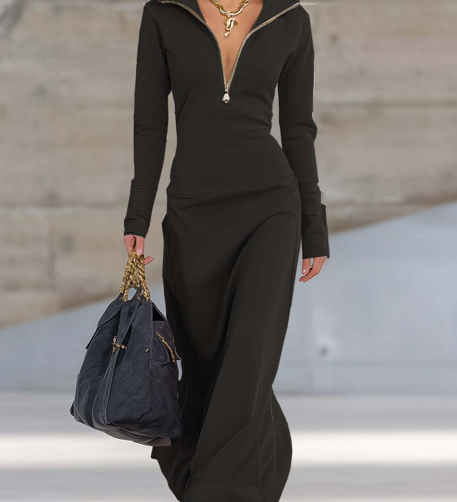 Valeria – Rochie maxi sport retro elegantă cu decolteu în V și fermoar