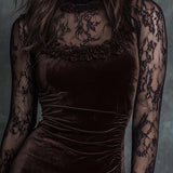 Rochie mini plisată din dantelă de catifea chocolate gothic