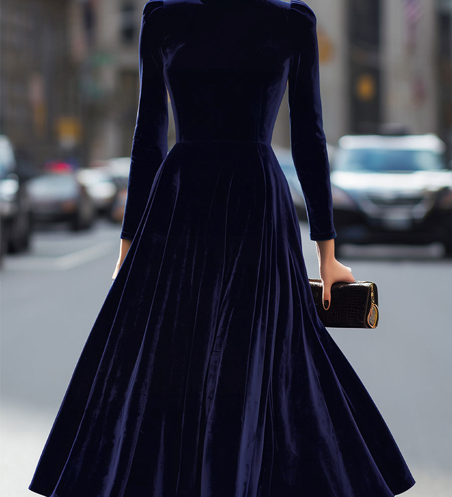 Adina – Rochie Midi din Catifea Bleumarin