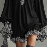 Rochie Mini Loose din Suede Sintetic Negru cu Volane și Dungi
