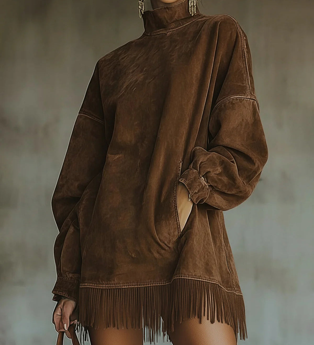 Rochie din Suede Sintetic cu Guler înalt și Dantelă