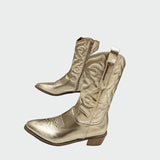 Cizme cowboy metalic – Cizme de damă, cu fermoar, cu toc mic, brodat