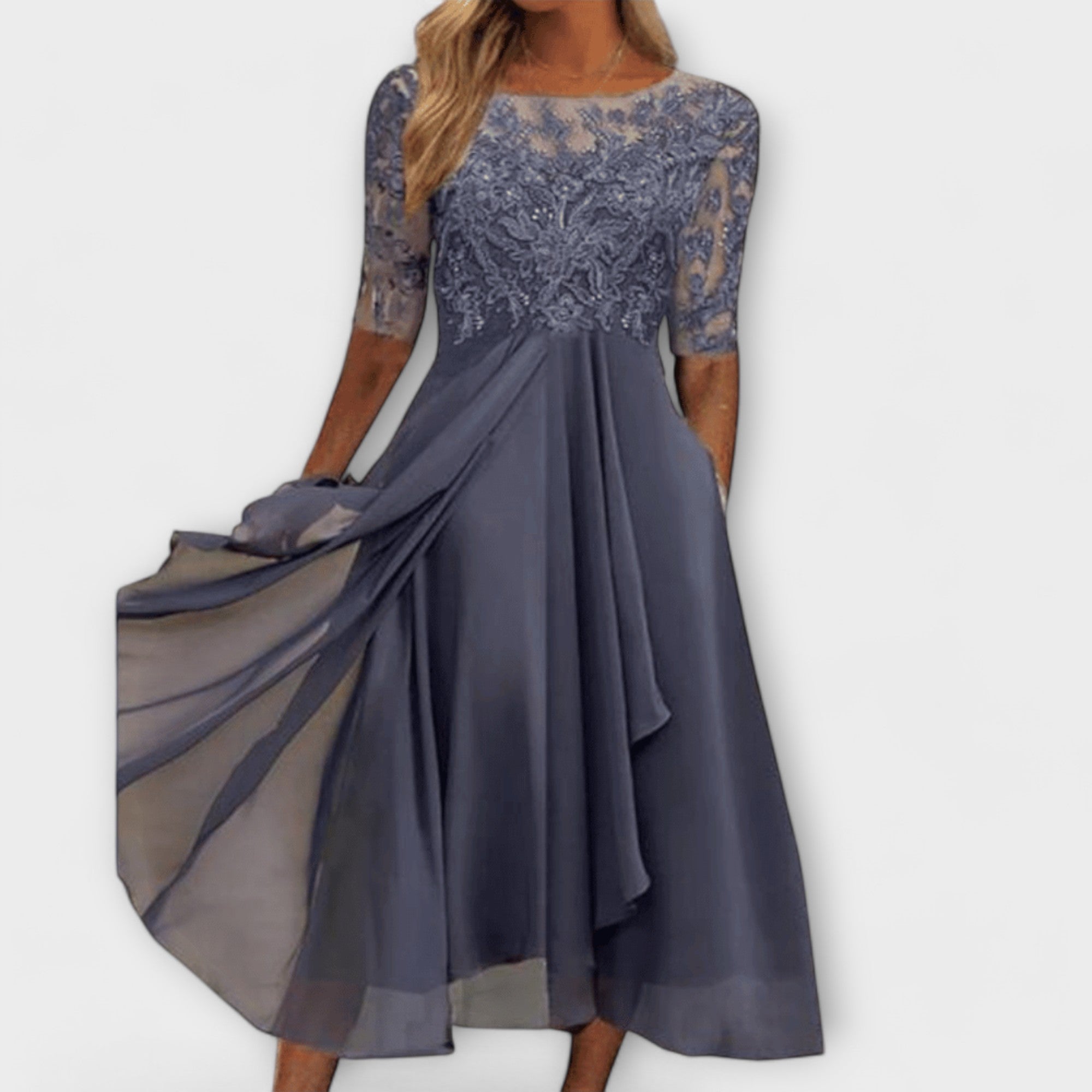 Ecaterina – Rochie Elegantă cu Corpete Bordado și Mâneci Scurte
