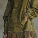 Rochie din Suede Sintetic cu Guler înalt și Dantelă