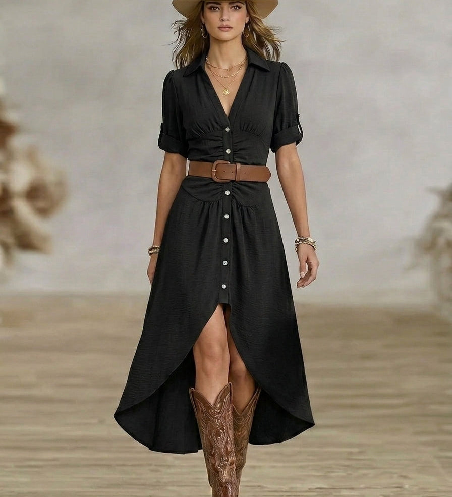 Sânziana – Rochie Maxi Western-Boho cu Curea și Nasturi Frontali