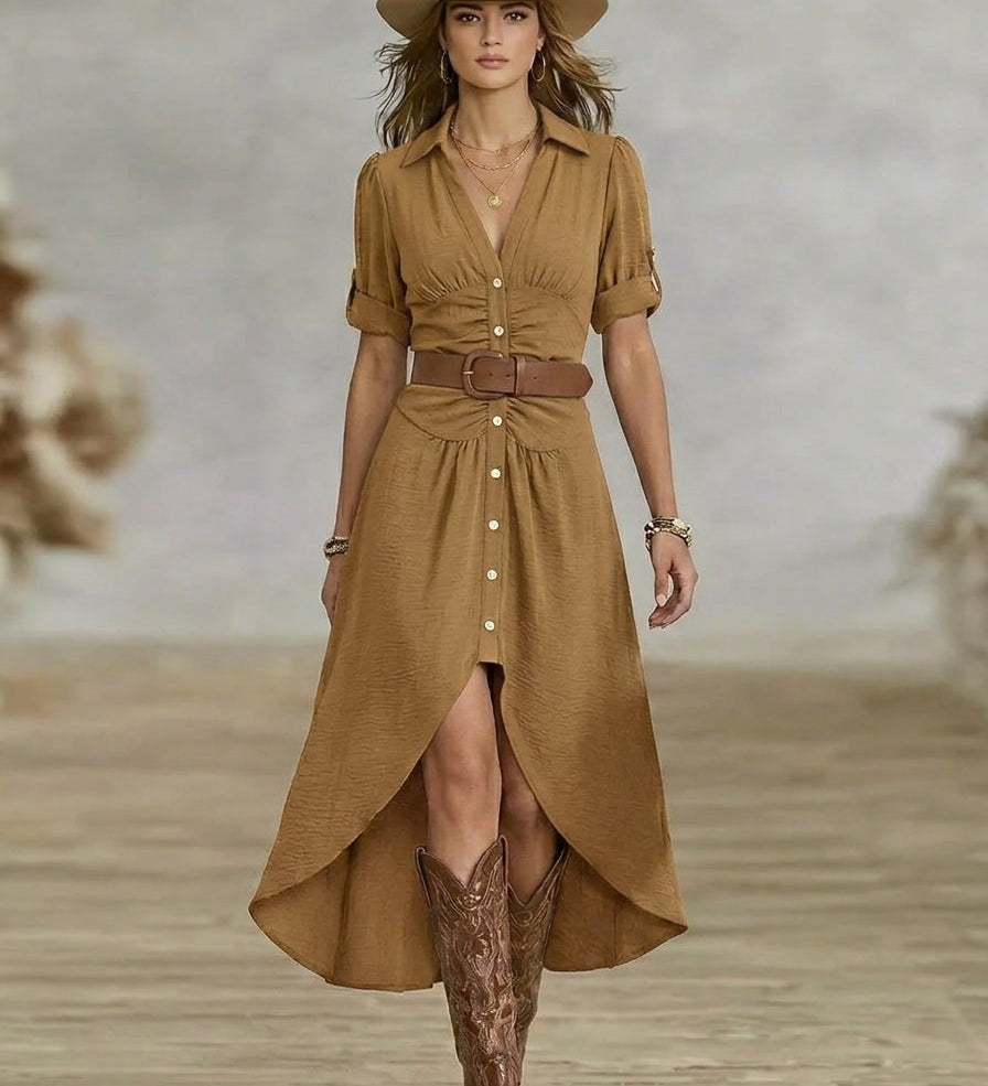 Sânziana – Rochie Maxi Western-Boho cu Curea și Nasturi Frontali