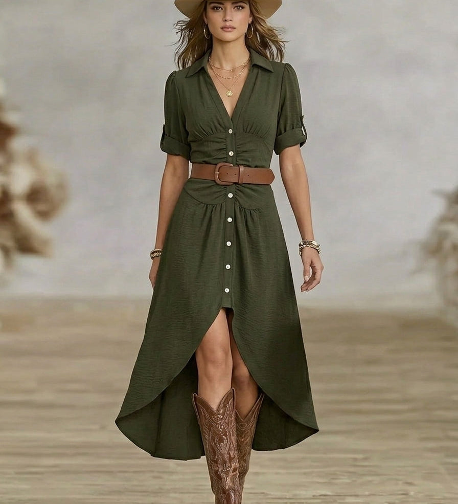 Sânziana – Rochie Maxi Western-Boho cu Curea și Nasturi Frontali