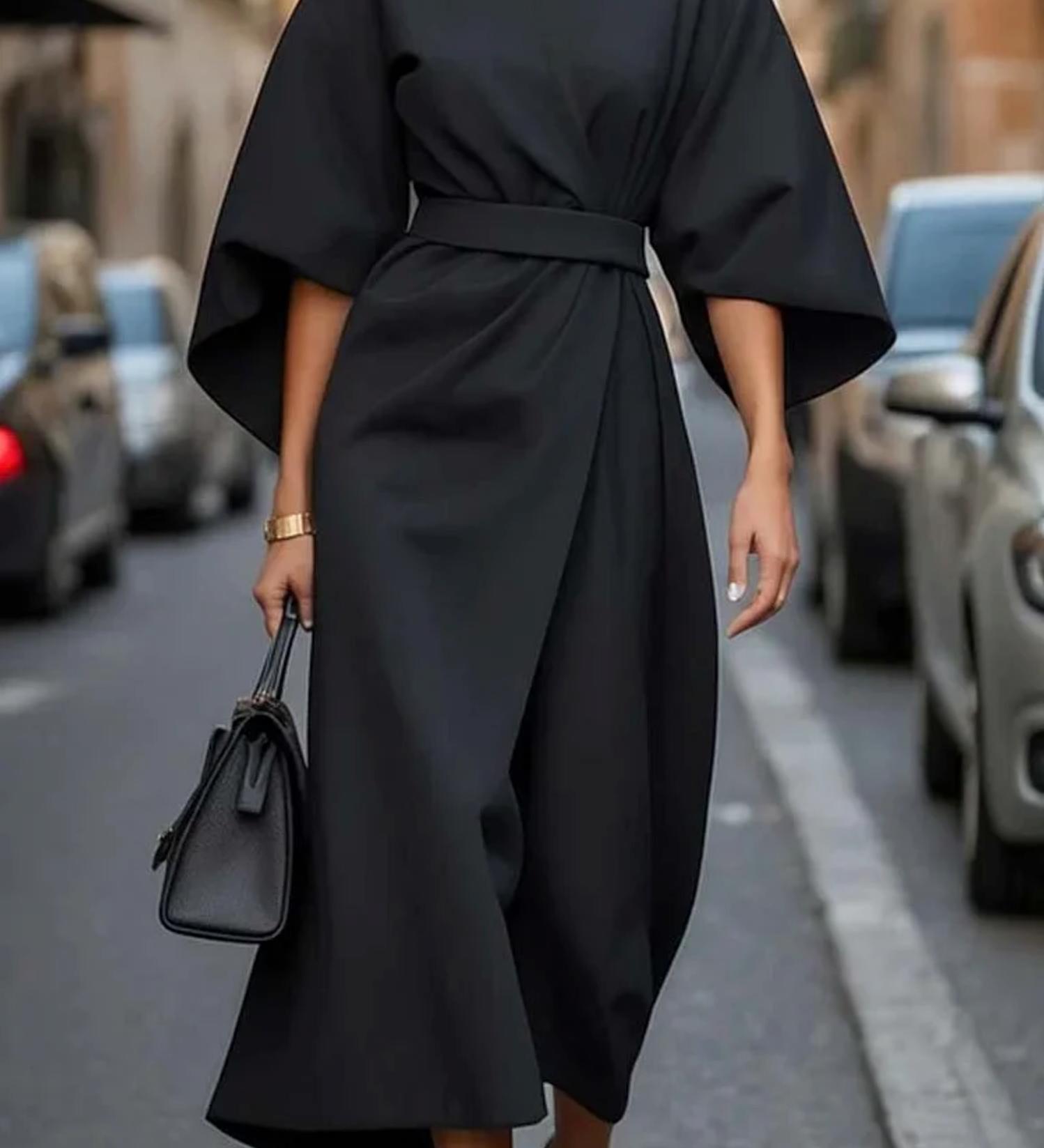Salomea – Rochie Elegantă cu Croială Clasică, Mâneci Ample și Cordon în Talie