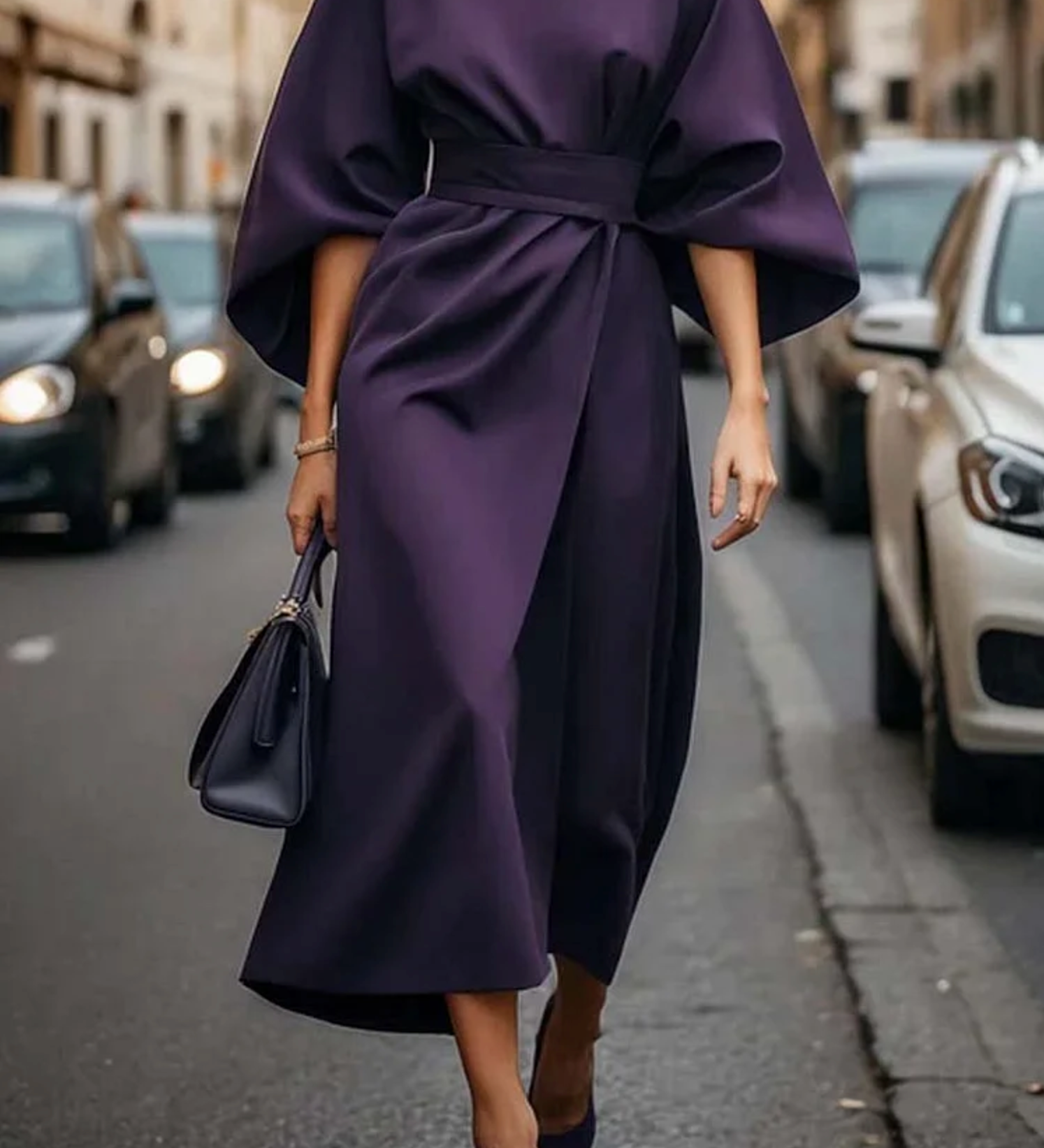 Salomea – Rochie Elegantă cu Croială Clasică, Mâneci Ample și Cordon în Talie