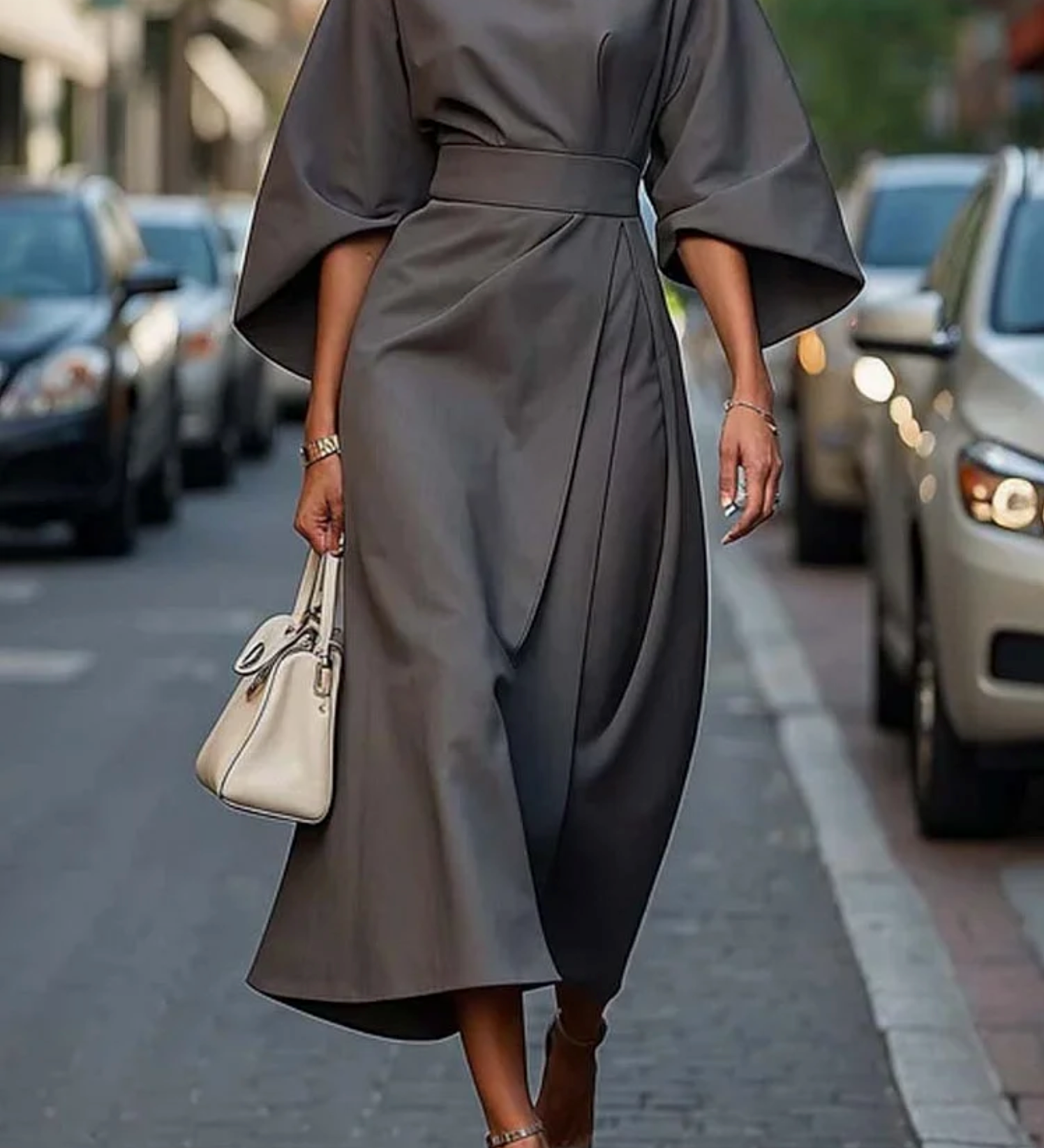 Salomea – Rochie Elegantă cu Croială Clasică, Mâneci Ample și Cordon în Talie