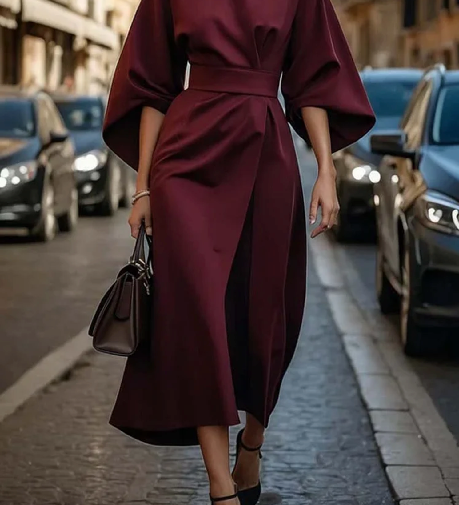 Salomea – Rochie Elegantă cu Croială Clasică, Mâneci Ample și Cordon în Talie