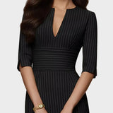 Elena – Rochie Midi cu Mâneci Scurte și Dungi Negru