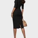Elena – Rochie Midi cu Mâneci Scurte și Dungi Negru