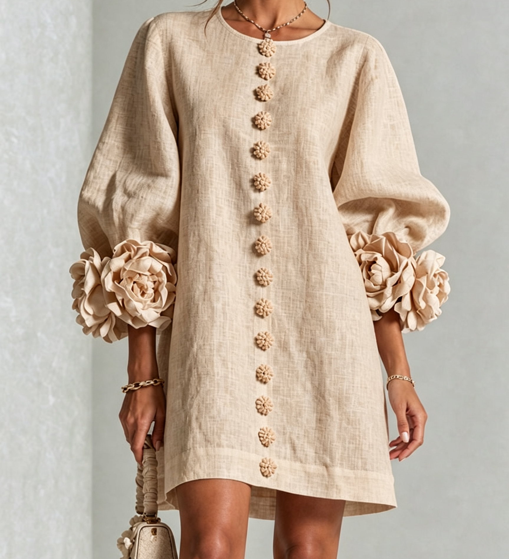 Rochie mini de damă cu nasturi florali, mâneci 3/4 și manșete în formă de trandafir