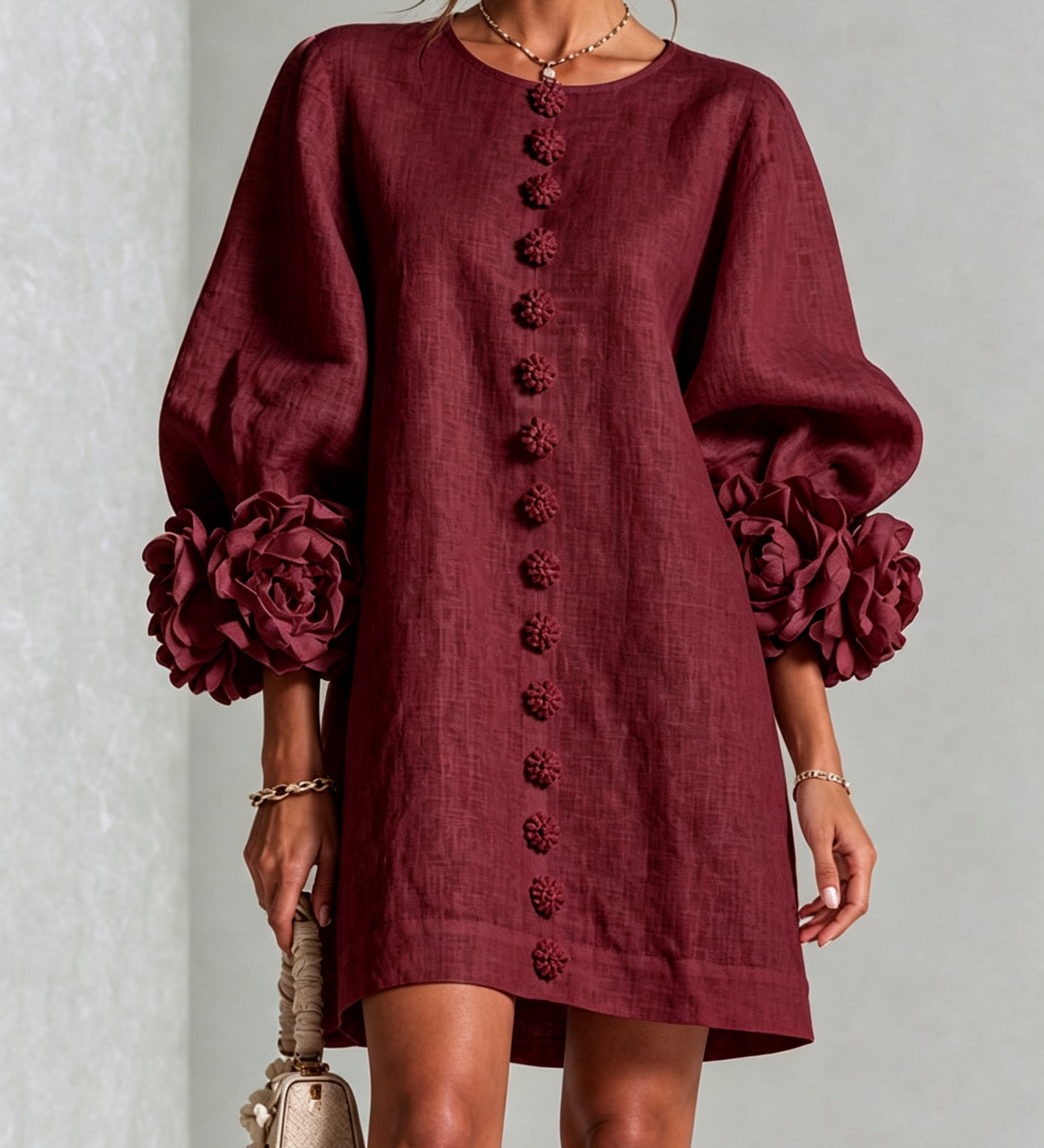 Rochie mini de damă cu nasturi florali, mâneci 3/4 și manșete în formă de trandafir
