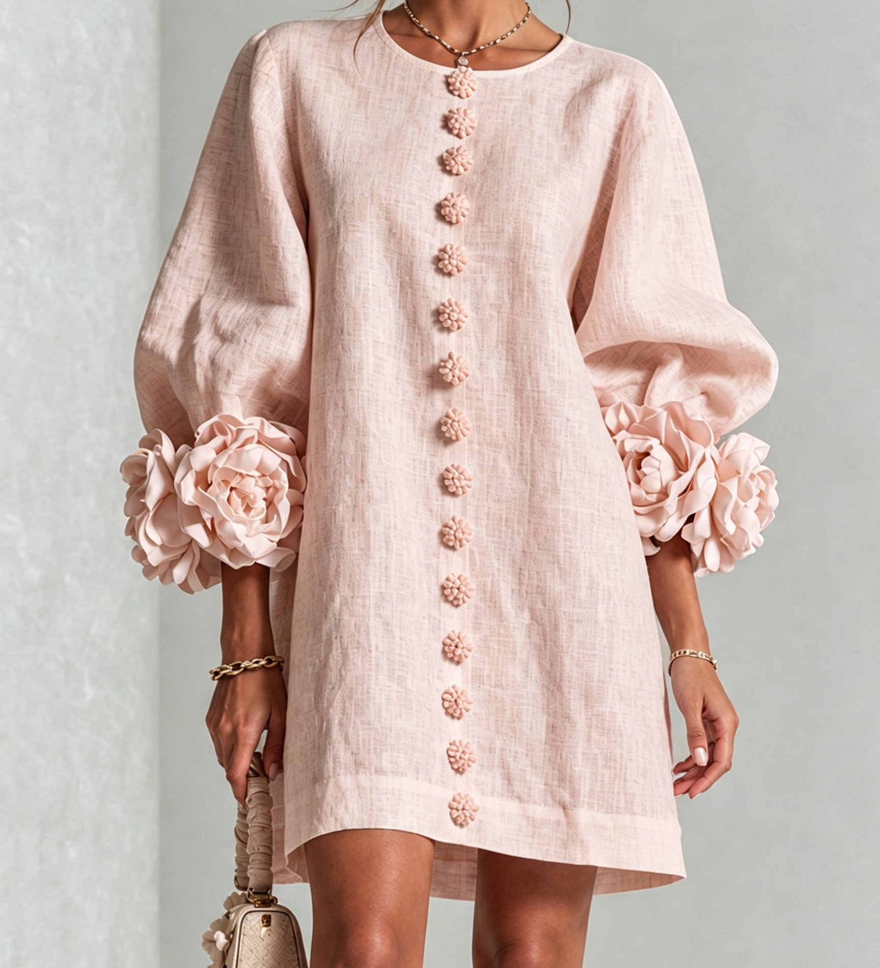 Rochie mini de damă cu nasturi florali, mâneci 3/4 și manșete în formă de trandafir