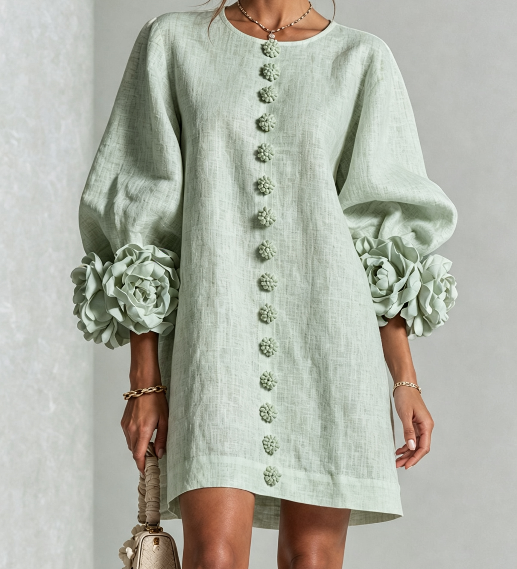 Rochie mini de damă cu nasturi florali, mâneci 3/4 și manșete în formă de trandafir