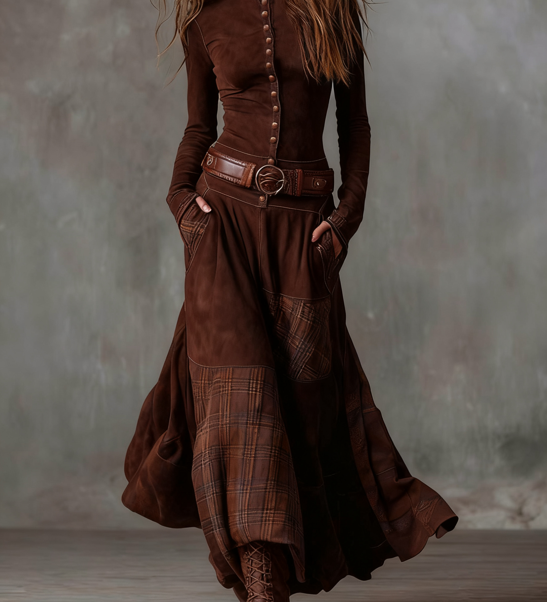 Lorena – Rochie lungă vintage din ante cu carouri bleumarin (include curea)