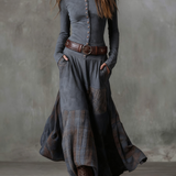 Lorena – Rochie lungă vintage din ante cu carouri bleumarin (include curea)