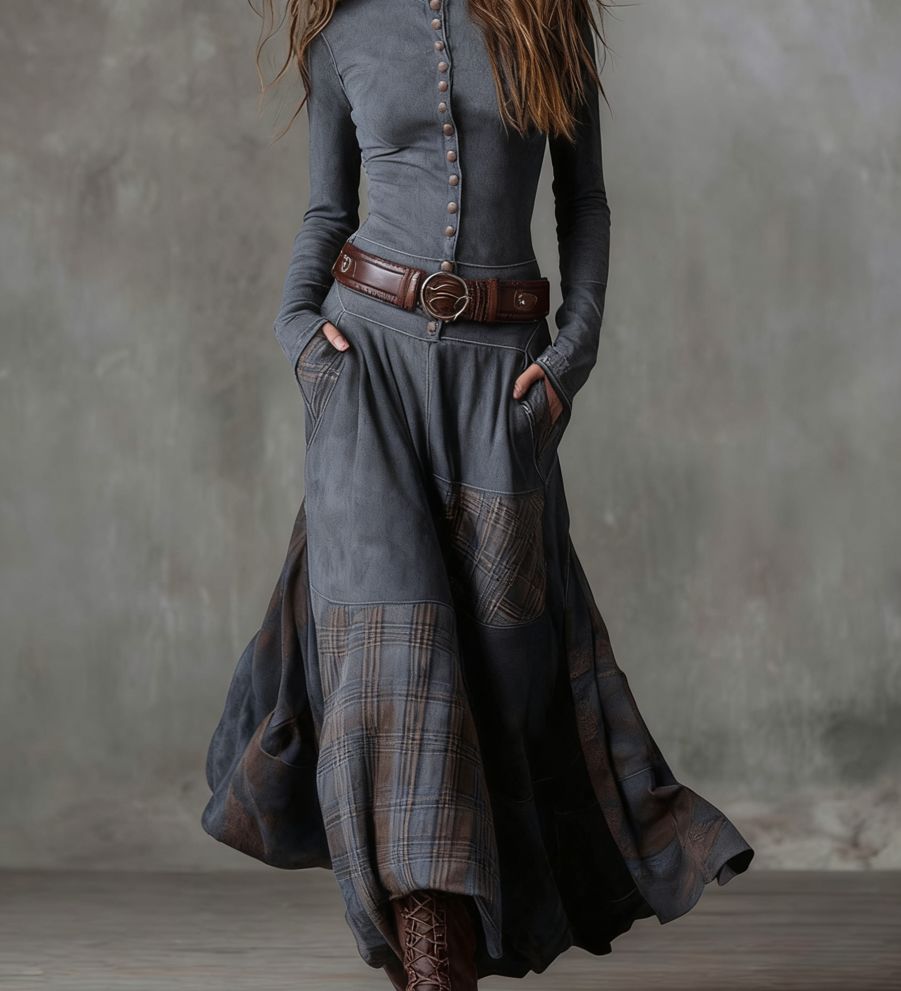 Lorena – Rochie lungă vintage din ante cu carouri bleumarin (include curea)