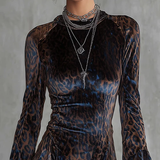Rochie Mini din Catifea cu Print Leopard Albastru