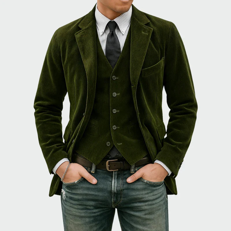 Arthur | Set Elegant Sacou + Vestă din Catifea în Dungi