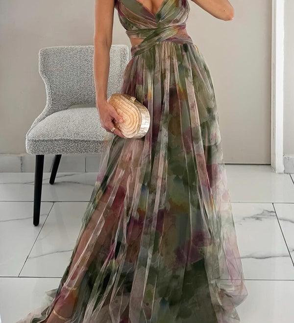 Zina – Rochie Maxi cu Imprimeu Tip Acvarelă