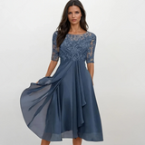 Ecaterina – Rochie Elegantă cu Corpete Bordado și Mâneci Scurte