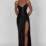 Loredana – Rochie Maxi din Satin cu Decolteu Înalt