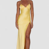Loredana – Rochie Maxi din Satin cu Decolteu Înalt