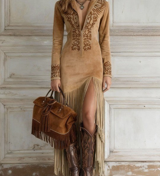 Valentina – Rochie lungă stil western cu jumătate de fermoar, broderie și franjuri